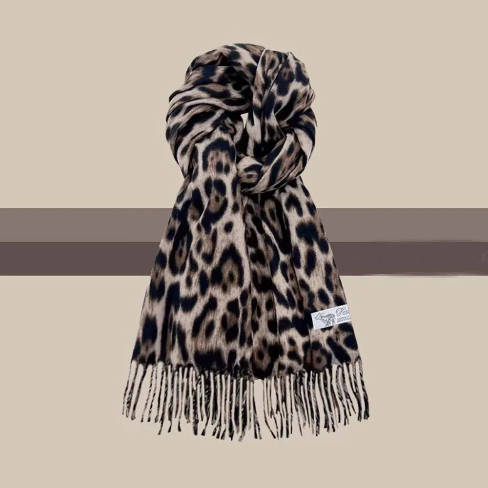 Vintage Leopard Tassels Shawl Imitation Cashmere Thickened Winter Warm Scarf Windproof Foulard Pashmina Hijabs for Women Man