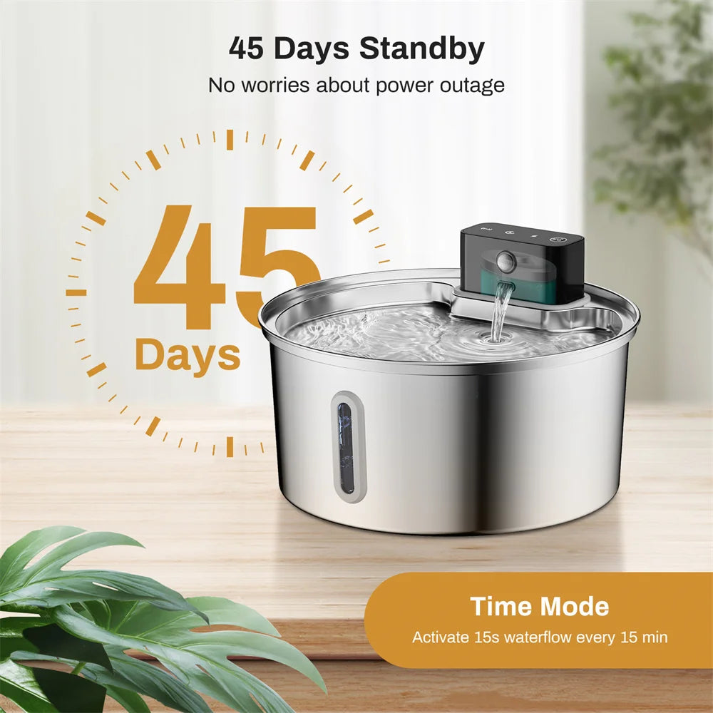 3.2L/108oz Wireless Charging Sensor Cat Water Feeder Stainless Steel Cat Dog Water Fountain Silent Water Level Window No Plug