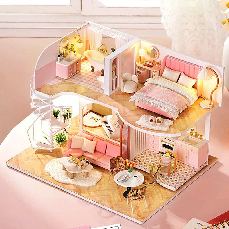 3D Wooden Mini Doll House Assembly Building With Furniture Kit DIY Handmade Duplex Apartment Production Toys Kids Birthday Gifts