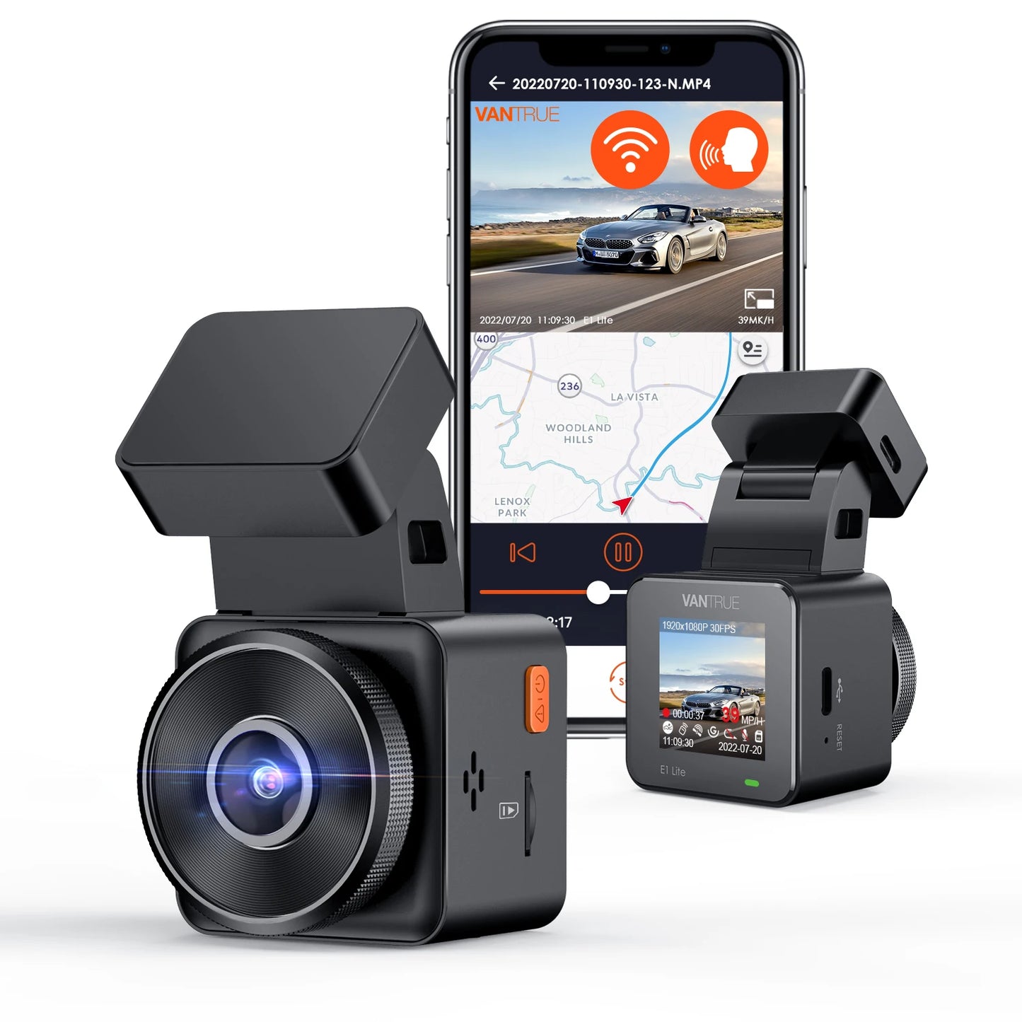 Vantrue E1 Lite 1080P WiFi Mini Dash Cam with GPS and Speed, Free APP, Voice Control Dash Camera, 24h Parking Mode, Night Vision