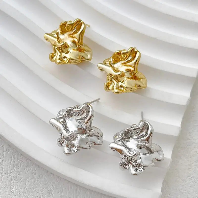 Irregular Pleated Lava Earrings For Women Trendy Metallic Texture Geometric Small Stud Earrings Temperament Party Jewelry Gifts