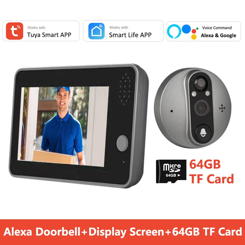 1080P Tuya Smart WiFi Door Bell Eye Peephole Camera Viewer 2-way Audio Home Security 4.3' FHD Digital Viewer Alexa Doorbell