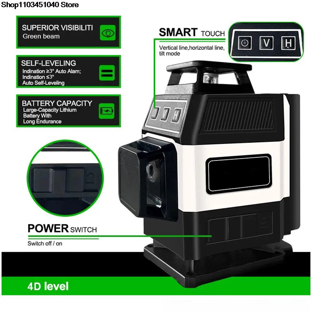 16 Lines Mini 4D Laser Level Green Lines Self-Leveling Horizontal and Vertical Powerful Green Beams Laser Level