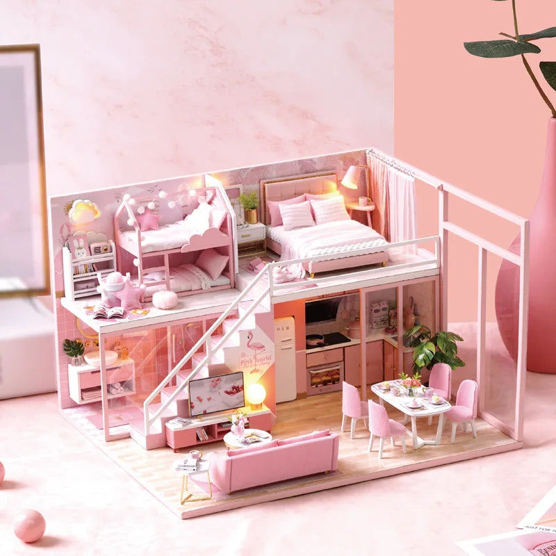 3D Wooden Mini Doll House Assembly Building With Furniture Kit DIY Handmade Duplex Apartment Production Toys Kids Birthday Gifts