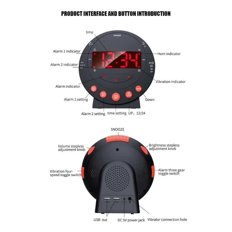 Loud Vibrating Alarm Clock with Bed Shaker for Heavy Sleepers Bedroom Electronic Alarm Clock Large LED Display