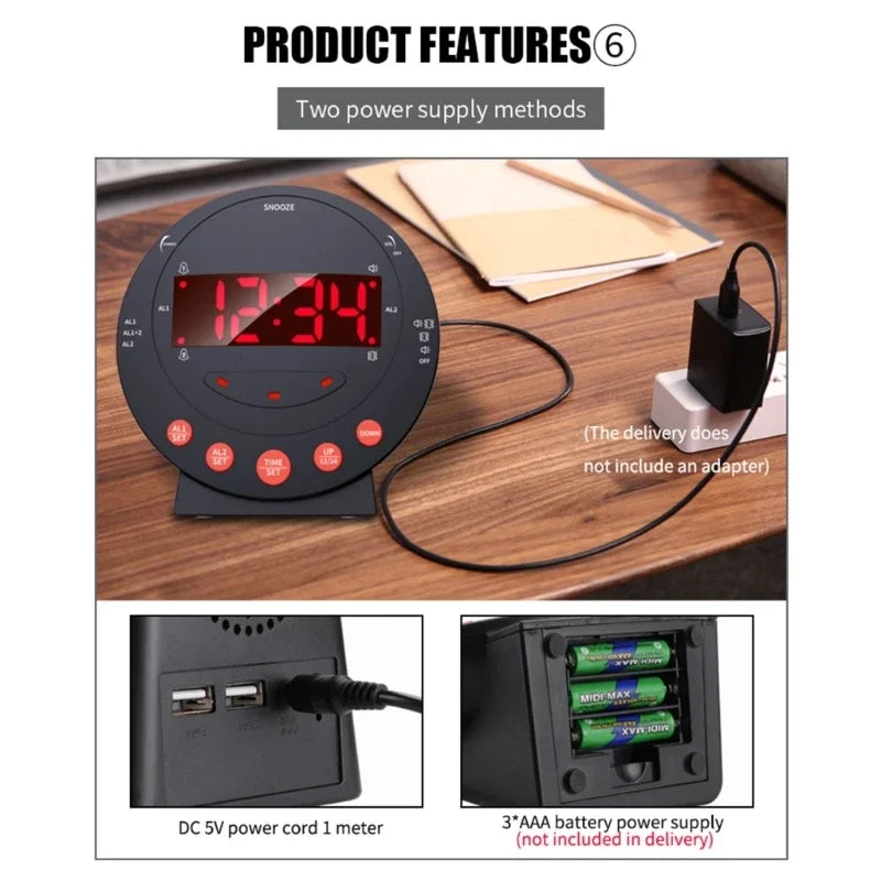 Loud Vibrating Alarm Clock with Bed Shaker for Heavy Sleepers Bedroom Electronic Alarm Clock Large LED Display