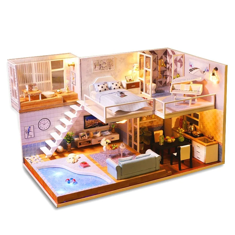 Doll House Miniature Furniture Diy Wood Dollhouse Miniatures Children Toys Girl Birthday Gifts Diorama Christmas Toy Gift