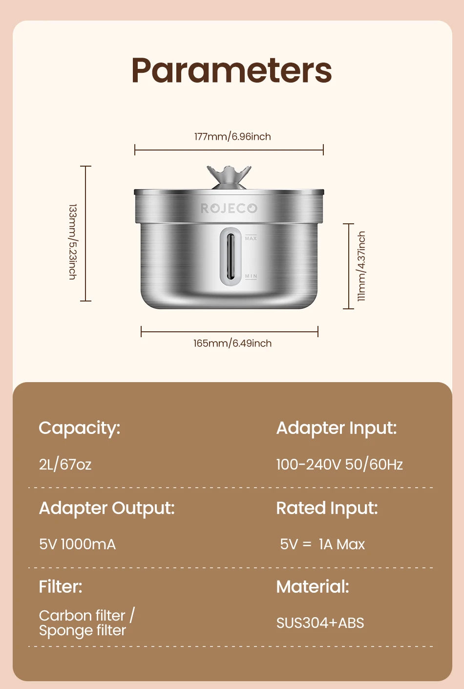 ROJECO Stainless Steel Pet Drinking Fountain Automatic Cat Water Fountain Smart Pet Water Dispenser for Dog Cat Drinking Supply