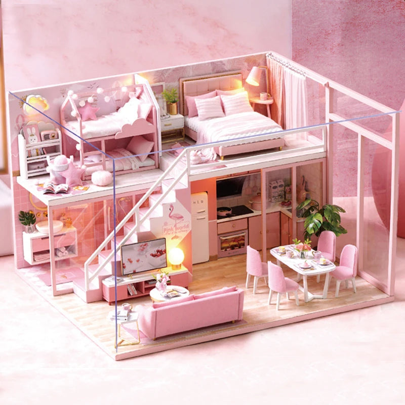 3D Wooden Mini Doll House Assembly Building With Furniture Kit DIY Handmade Duplex Apartment Production Toys Kids Birthday Gifts