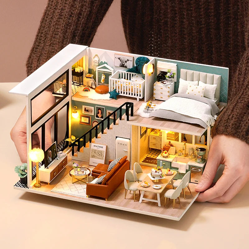 Doll House Kit 3D Wooden Mini Doll House Assembly Building with Furniture Kit Toys Children's Birthday Gift DIY Handmade 3D Jigs