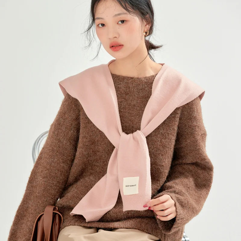 Korean Knit Shawl Autumn Winter Female Blouse Shoulders Fake Collar Cape Knotted Scarf Solid Color Neck Guard Scarve For Women