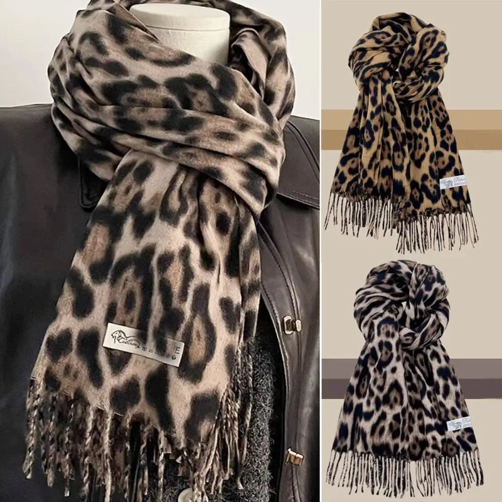 Vintage Leopard Tassels Shawl Imitation Cashmere Thickened Winter Warm Scarf Windproof Foulard Pashmina Hijabs for Women Man