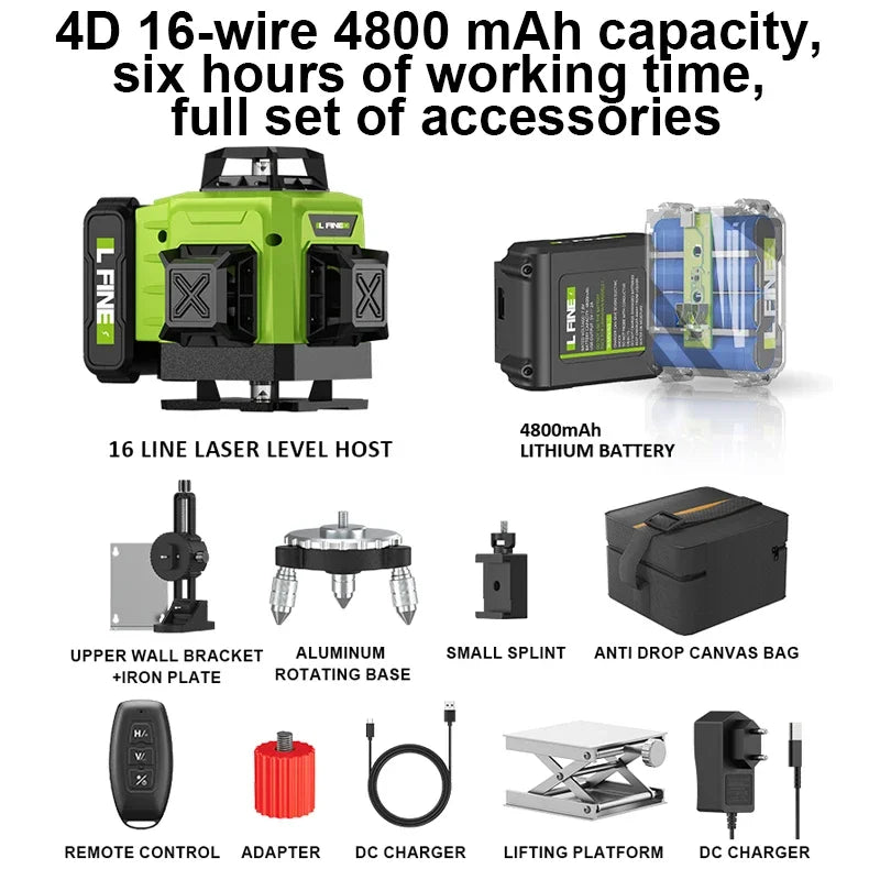 Lfine Nivel Laser 4D 16 Lines 360°Self-leveling Laser Levels withTripod and Suitcase Green Lines Professional Laser Level Tool