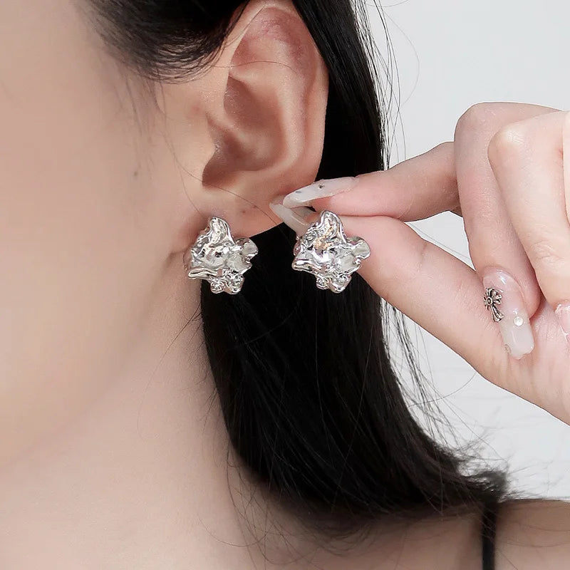 Irregular Pleated Lava Earrings For Women Trendy Metallic Texture Geometric Small Stud Earrings Temperament Party Jewelry Gifts