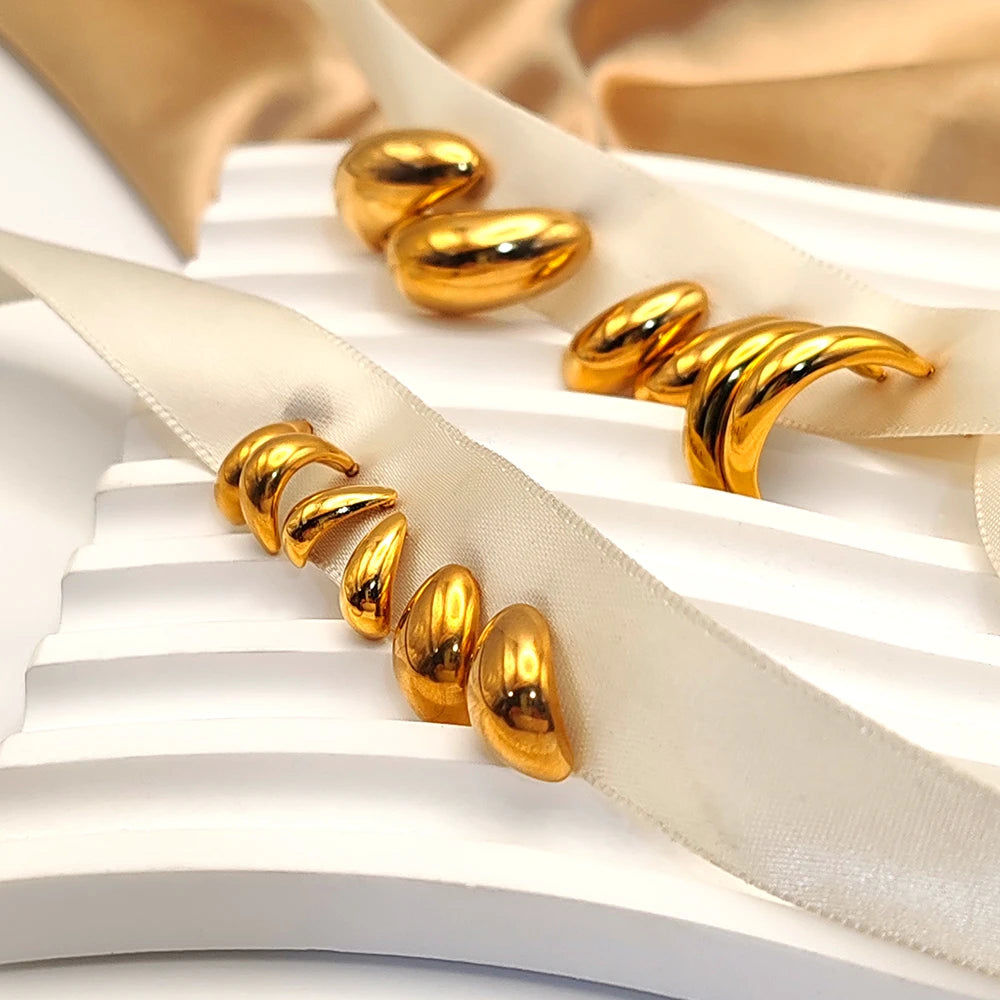 eManco Steel color Gold color Simple Women Chunky Hoops Earrings Gift Fashion Jewelry Stainless Wives Round Smooth Thick Hoop
