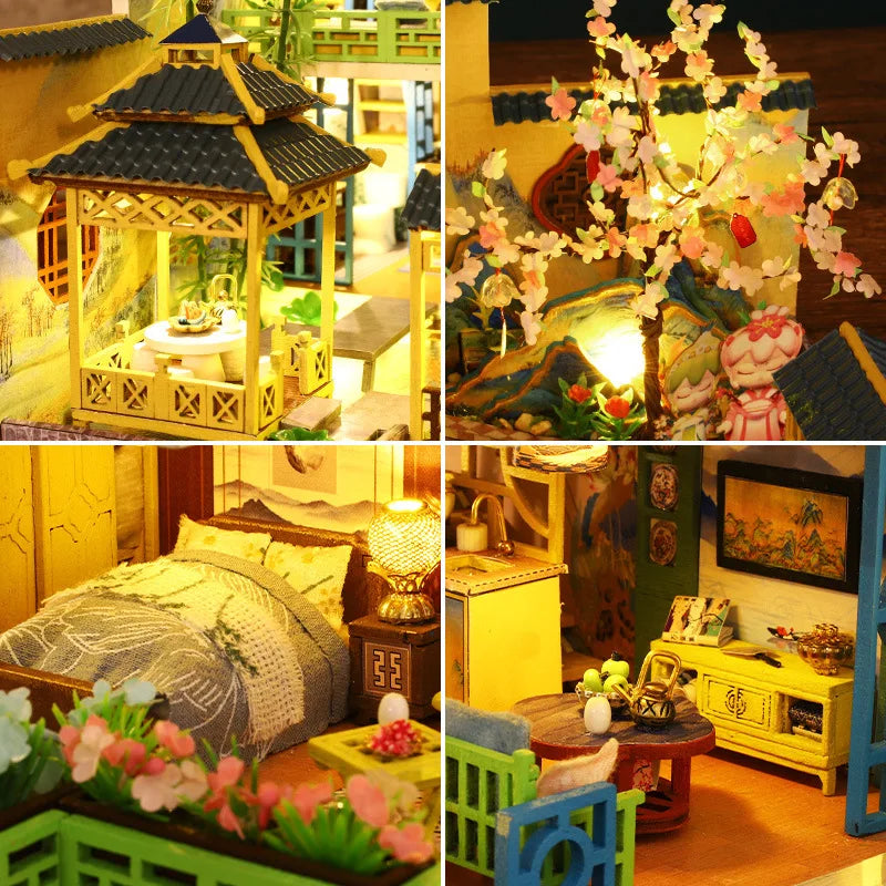 Big Diy Wooden Dollhouse with Furniture Light Casa Miniature Doll House Kit Home Chinese style villa Model Toys Birthday Gifts