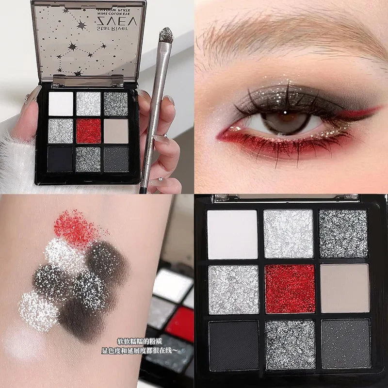 Black Red Punk Smoked 9 Colors Eyeshadow Pearl Cold Dark Color Makeup Eyeshadow Palette Lasting Waterproof Glitter Eye Shadow
