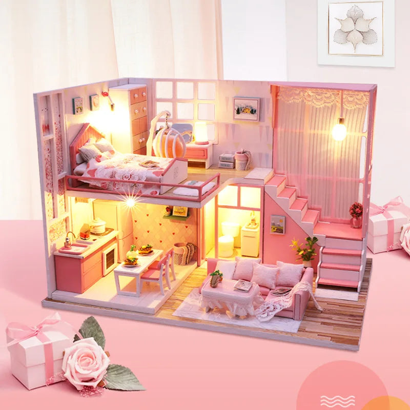 Doll House Miniature Furniture Diy Wood Dollhouse Miniatures Children Toys Girl Birthday Gifts Diorama Christmas Toy Gift