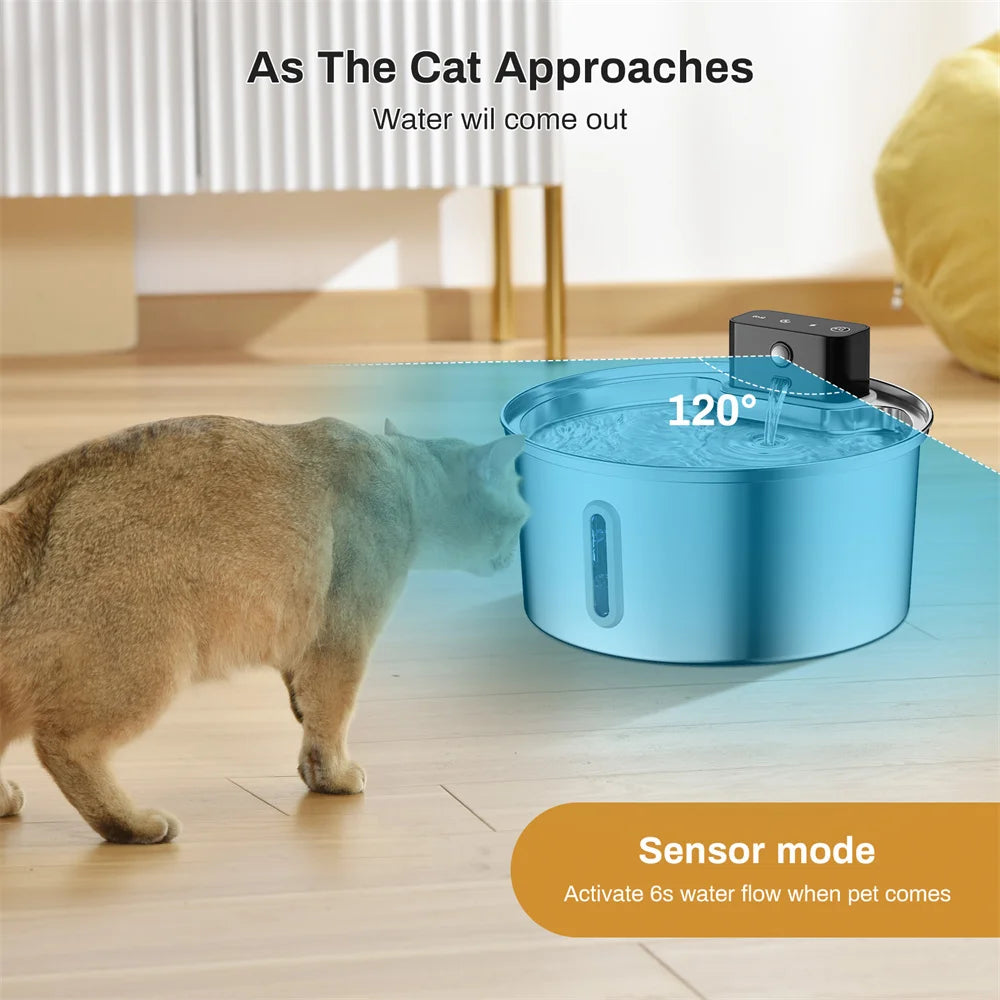 3.2L/108oz Wireless Charging Sensor Cat Water Feeder Stainless Steel Cat Dog Water Fountain Silent Water Level Window No Plug