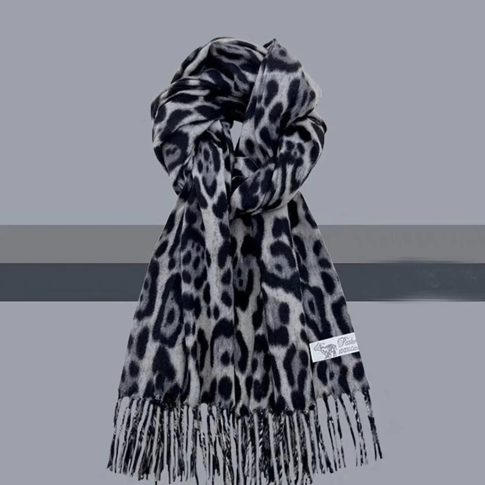 Vintage Leopard Tassels Shawl Imitation Cashmere Thickened Winter Warm Scarf Windproof Foulard Pashmina Hijabs for Women Man