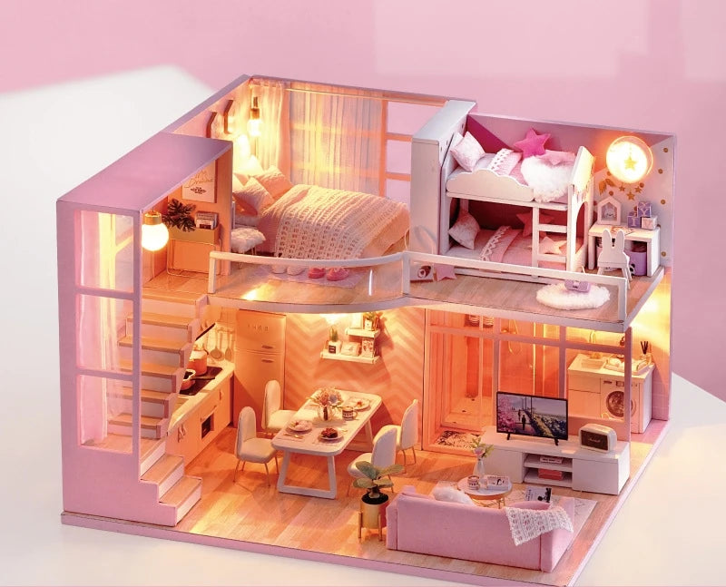 Assemble DIY Wooden House Dollhouse kit Wooden Miniature Doll Houses Miniature Dollhouse toys With Furniture LED Lights Gift