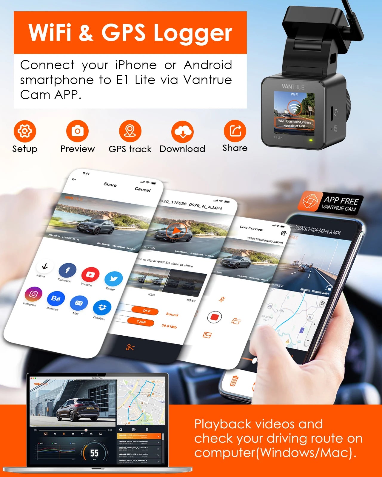 Vantrue E1 Lite 1080P WiFi Mini Dash Cam with GPS and Speed, Free APP, Voice Control Dash Camera, 24h Parking Mode, Night Vision