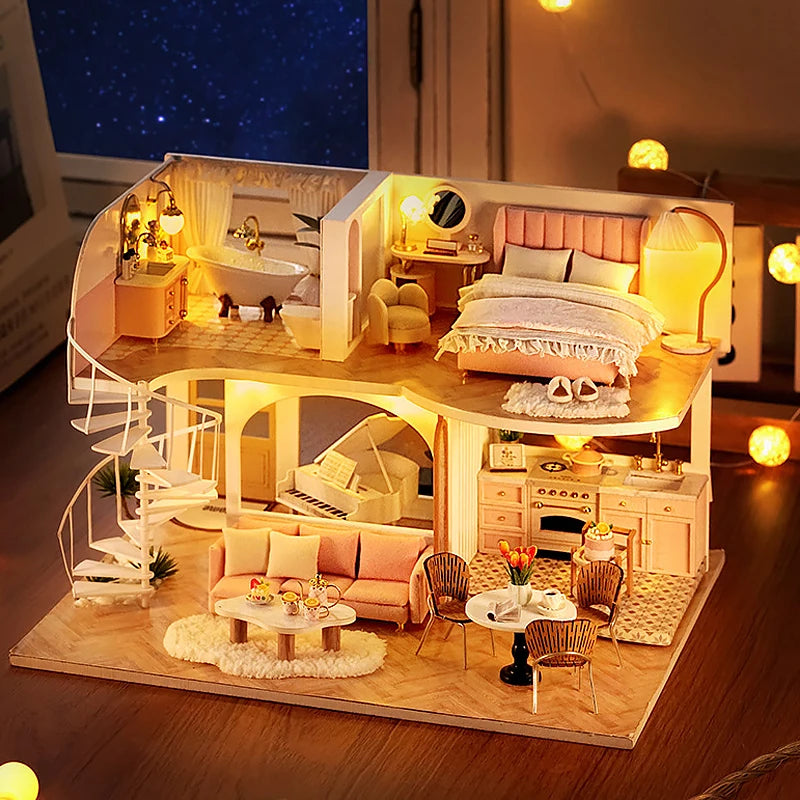 3D Wooden Mini Doll House Assembly Building With Furniture Kit DIY Handmade Duplex Apartment Production Toys Kids Birthday Gifts