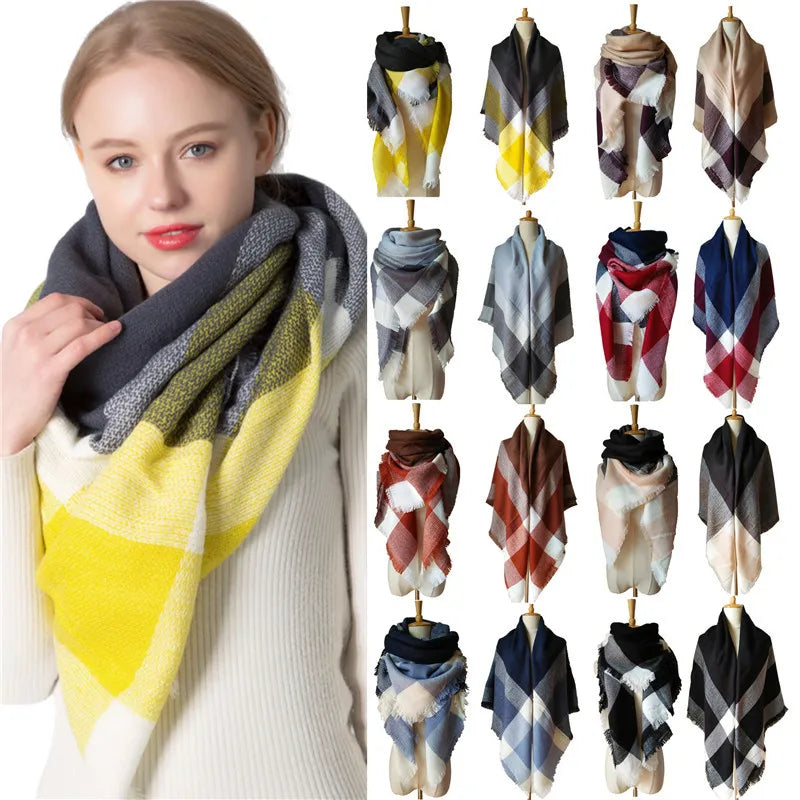 2024 New European and American Autumn and Winter New Yellow Grey Imitation Cashmere Large Grid Square Scarf, Women's Large Size