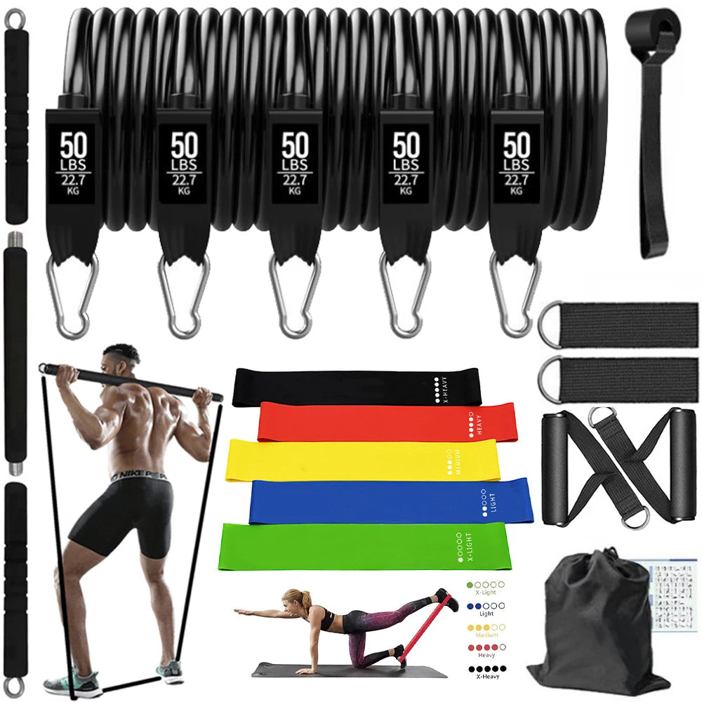 3-Section Fitness Stick Pilates Bar Kit Resistance Bands Set 250LBS 180LBS Elastic Bands for Fitness Band Exercise Workout Bar