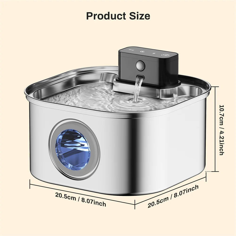 3.2L/108oz Wireless Charging Sensor Cat Water Feeder Stainless Steel Cat Dog Water Fountain Silent Water Level Window No Plug
