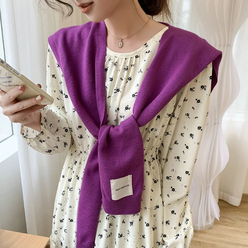 Korean Knit Shawl Autumn Winter Female Blouse Shoulders Fake Collar Cape Knotted Scarf Solid Color Neck Guard Scarve For Women
