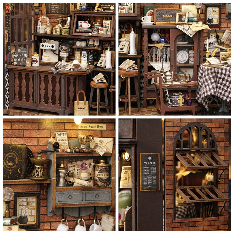 Diy Wooden Doll Houses Magic Coffee Shop Casa Miniature Building Kit Villa Dollhouse With Furniture Led Lights For Girls Gifts