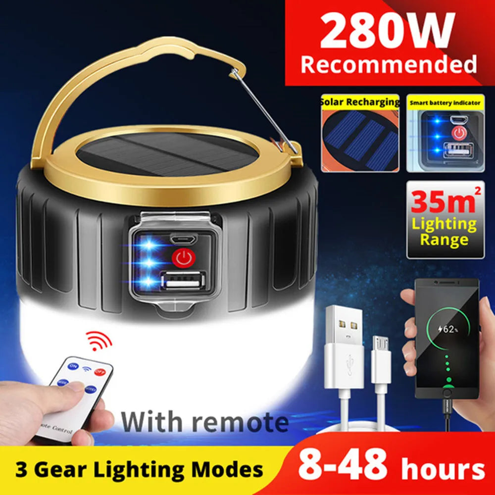Solar LED Camping Light Waterproof Outdoor Emergency Tent Lights Portable USB Rechargeable Tent Lamp Market Energy Saving Bulb