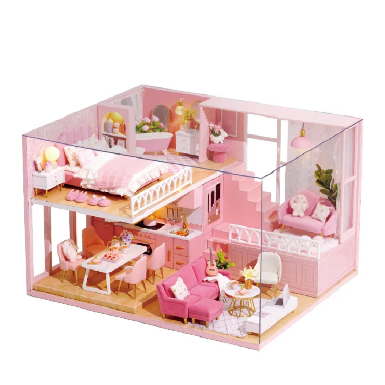 3D Wooden Mini Doll House Assembly Building With Furniture Kit DIY Handmade Duplex Apartment Production Toys Kids Birthday Gifts