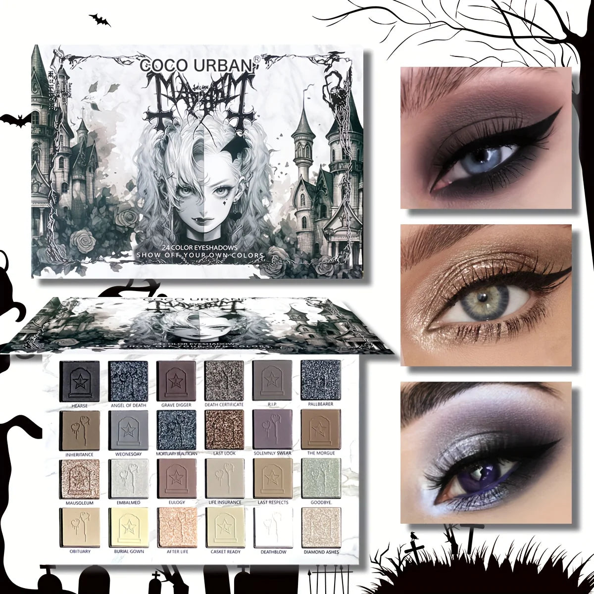 24 color eyeshadow tray Mirror Pearl Fine Flash dark smoky gray costume Halloween