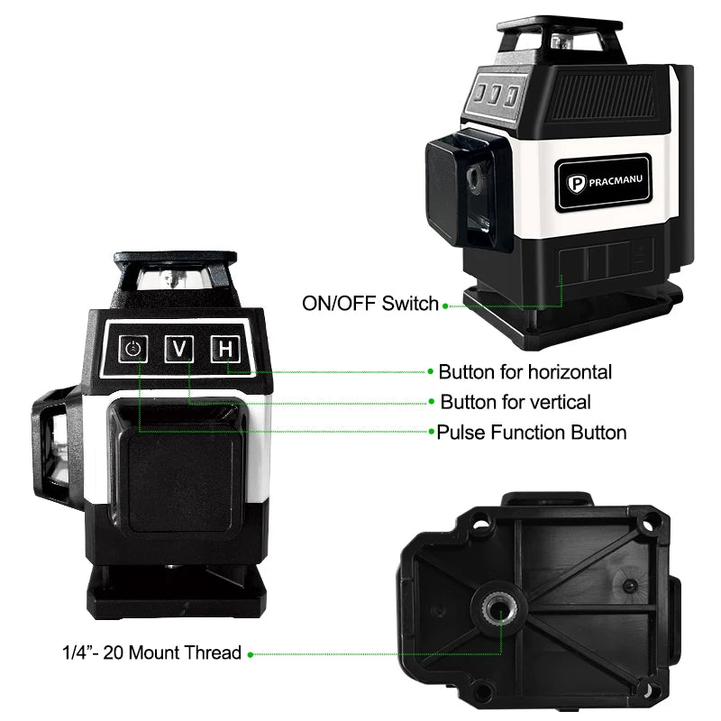 Pracmanu Mini 16 Lines 4D Laser Level Green Lines Self-Leveling Horizontal and Vertical Powerful Green Beams Laser Level
