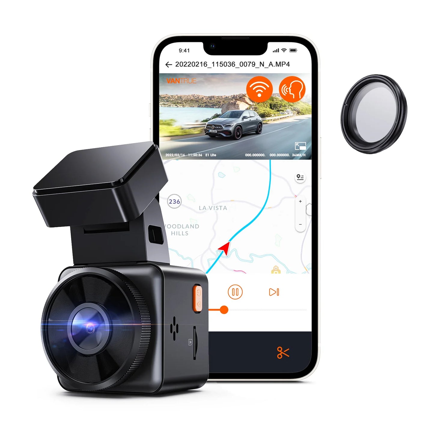 Vantrue E1 Lite 1080P WiFi Mini Dash Cam with GPS and Speed, Free APP, Voice Control Dash Camera, 24h Parking Mode, Night Vision