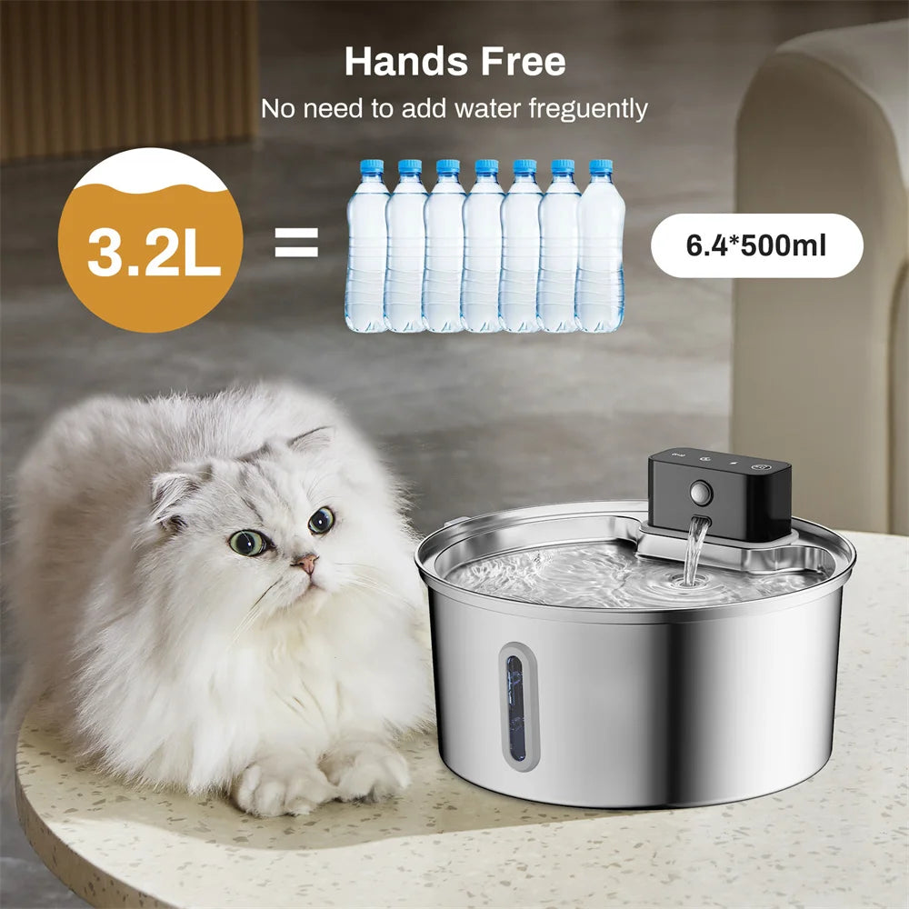 3.2L/108oz Wireless Charging Sensor Cat Water Feeder Stainless Steel Cat Dog Water Fountain Silent Water Level Window No Plug