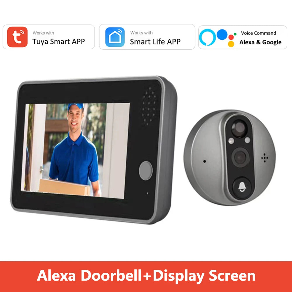 1080P Tuya Smart WiFi Door Bell Eye Peephole Camera Viewer 2-way Audio Home Security 4.3' FHD Digital Viewer Alexa Doorbell
