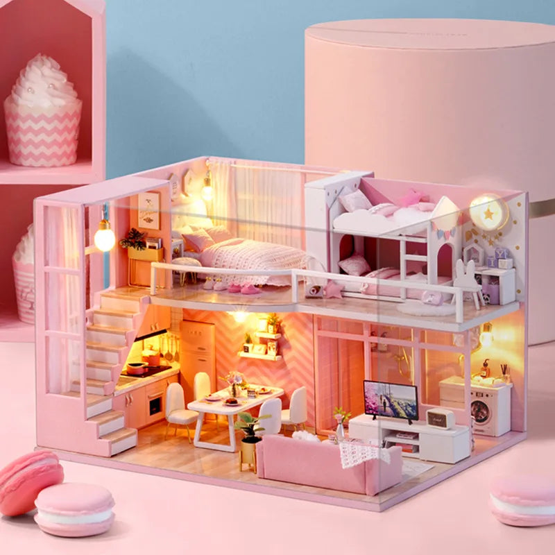3D Wooden Mini Doll House Assembly Building With Furniture Kit DIY Handmade Duplex Apartment Production Toys Kids Birthday Gifts