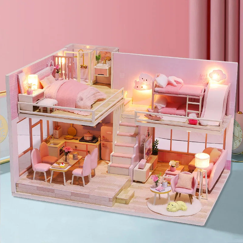 Doll House Miniature Furniture Diy Wood Dollhouse Miniatures Children Toys Girl Birthday Gifts Diorama Christmas Toy Gift
