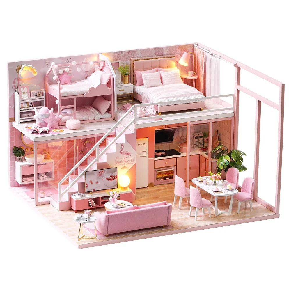 Assemble DIY Wooden House Dollhouse kit Wooden Miniature Doll Houses Miniature Dollhouse toys With Furniture LED Lights Gift