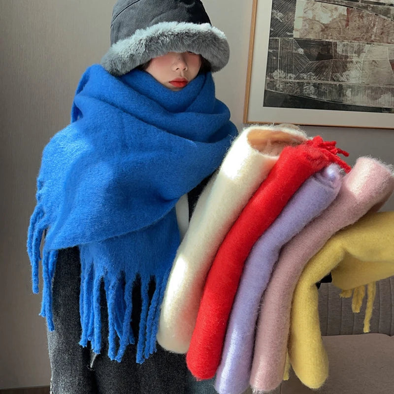 Luxury Cashmere Bright Solid Colors Women Scarf Winter Shawl and Wrap Bandana Pashmina Tassel Female Foulard Thick Blanket