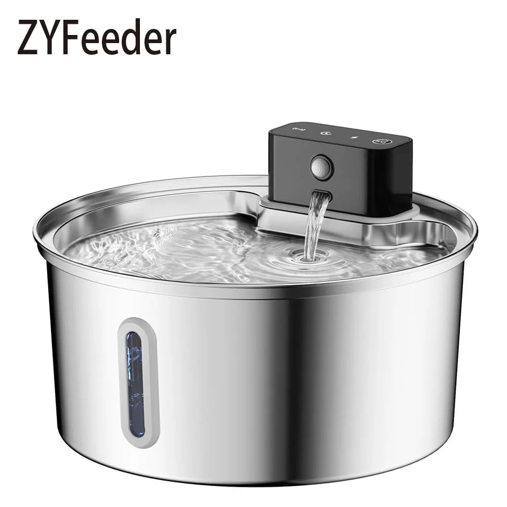 3.2L/108oz Wireless Charging Sensor Cat Water Feeder Stainless Steel Cat Dog Water Fountain Silent Water Level Window No Plug