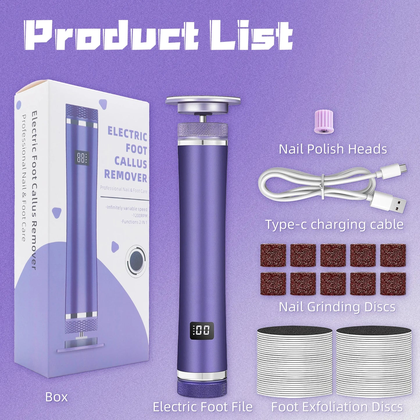 Electric Foot File - Callus Remover for Feet,Adjustable Speed Foot File with 60 Pcs Sandpaper Discs,Professional Pedicure Tool