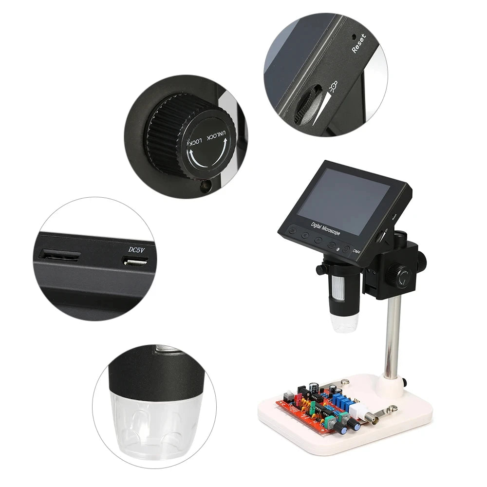DM4 4.3'' Digital Stereo Microscope 1000X USB Amplifier Electronic Soldering 8 LEDs High Resolution Handheld Portable
