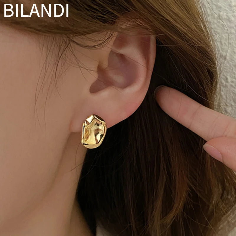 Bilandi Trendy Jewelry 925 Silver Needle Gold Color Earrings Simply Design Metal Alloy Goemetric Stud Earrings For Women Girl