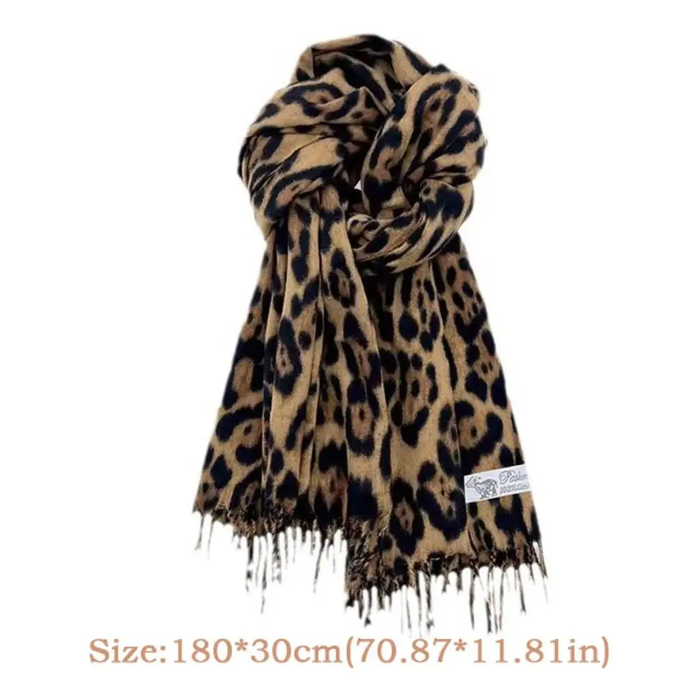 Vintage Leopard Tassels Shawl Imitation Cashmere Thickened Winter Warm Scarf Windproof Foulard Pashmina Hijabs for Women Man