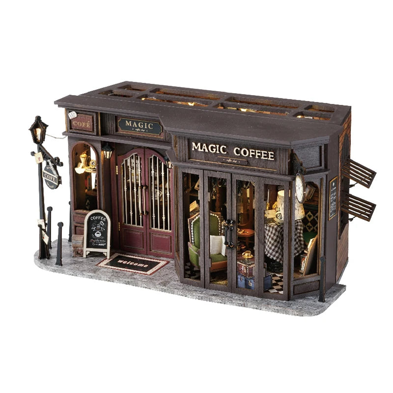 Diy Wooden Doll Houses Magic Coffee Shop Casa Miniature Building Kit Villa Dollhouse With Furniture Led Lights For Girls Gifts