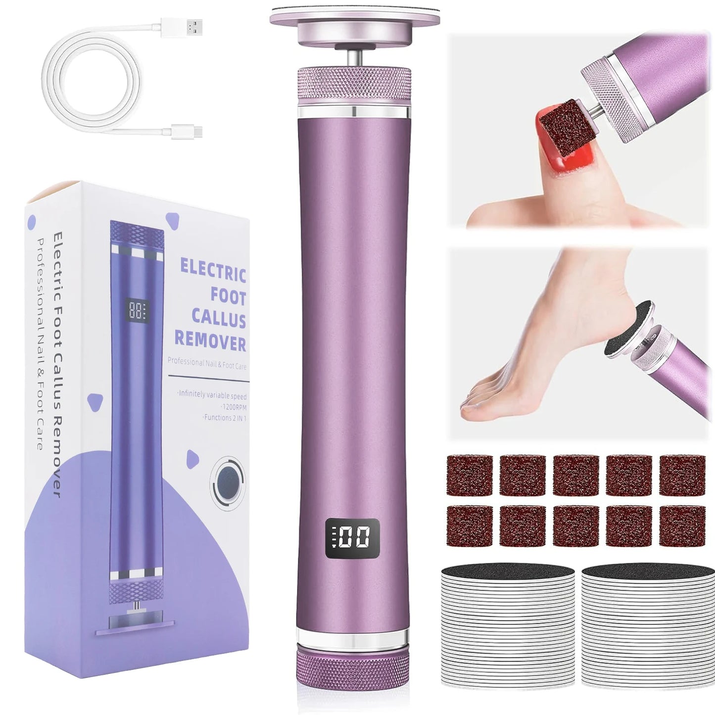 Electric Foot File - Callus Remover for Feet,Adjustable Speed Foot File with 60 Pcs Sandpaper Discs,Professional Pedicure Tool